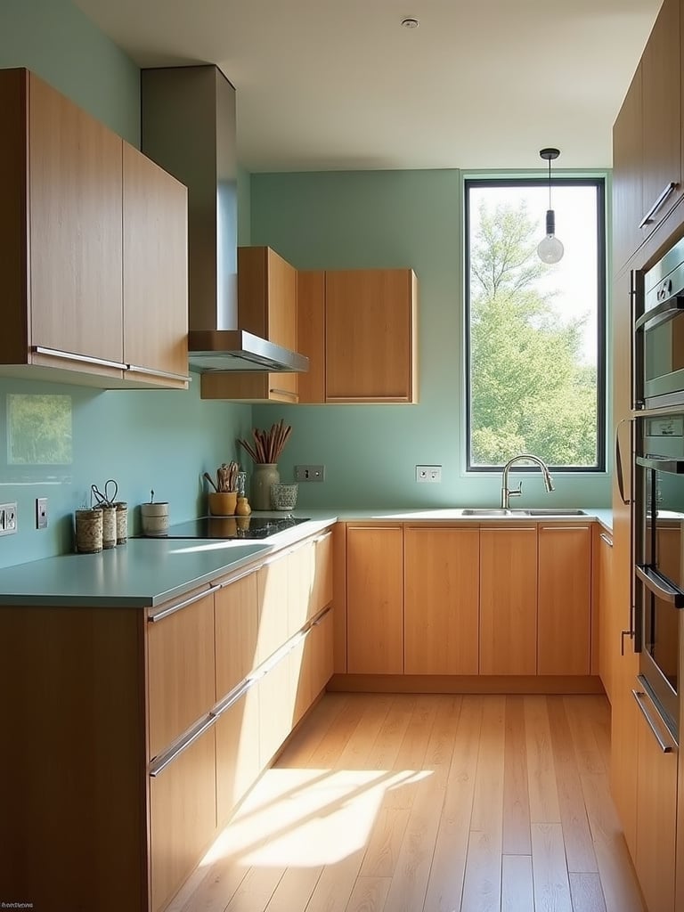 Modern kitchen constructed with sustainable materials like bamboo cabinets and recycled glass countertops