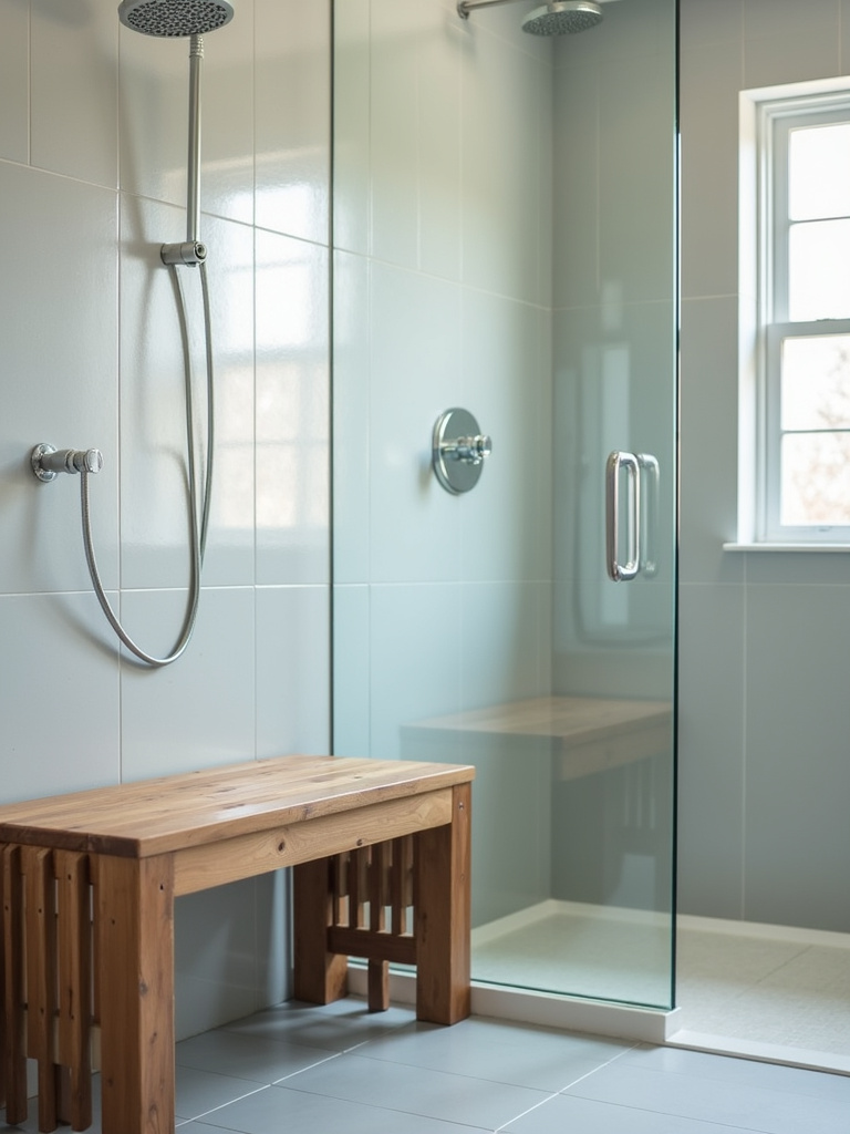 A modern walk-in shower featuring a natural teak wood shower bench against light grey tiled walls, illuminated by soft natural light.