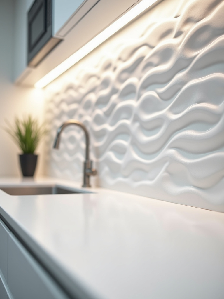 Detail shot highlighting the textured surface of a white 3D wave tile backsplash in a modern kitchen