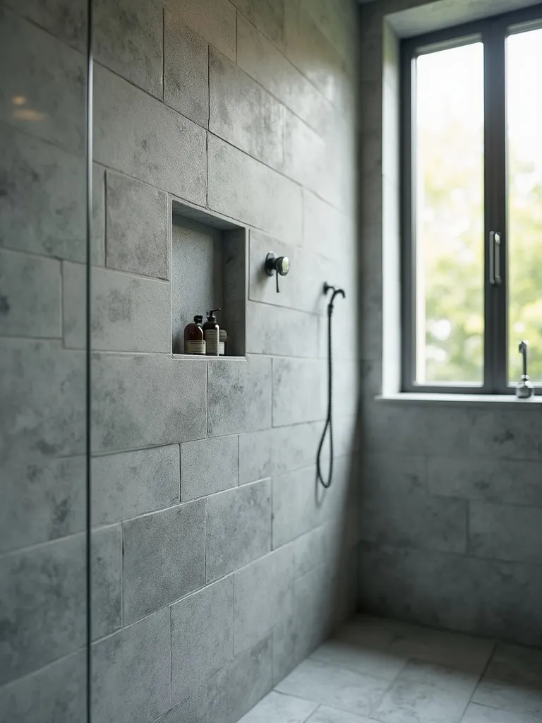Modern bathroom shower with textured grey stone-look tiles on the walls, creating a tactile and natural feel.