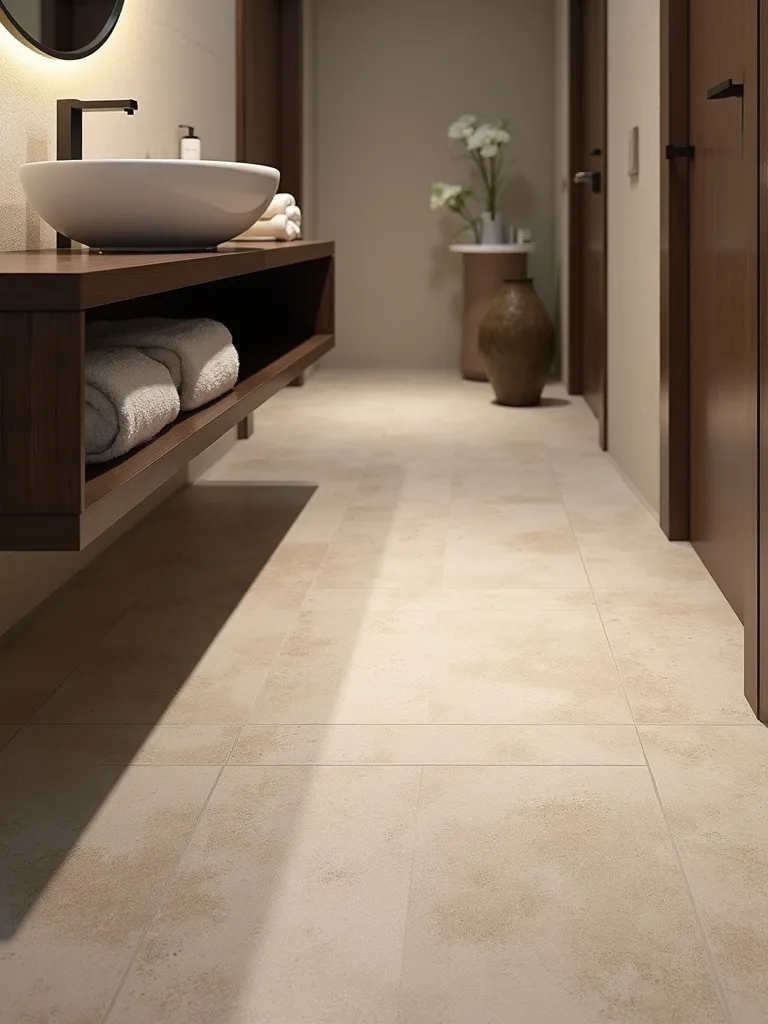 Sophisticated bathroom with textured stone-look tile floor, floating vanity, and soft lighting.