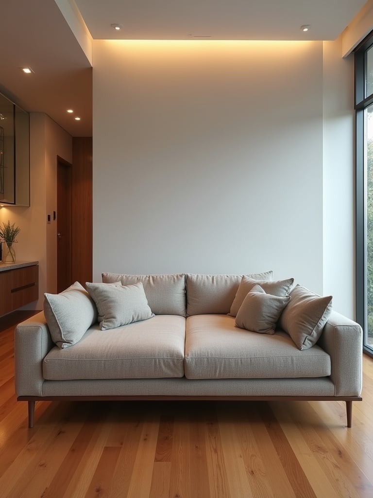 "Modern living room showcasing a floating sectional sofa in the center of the space, creating walkways and enhancing the feeling of spaciousness with hardwood floors and warm lighting."