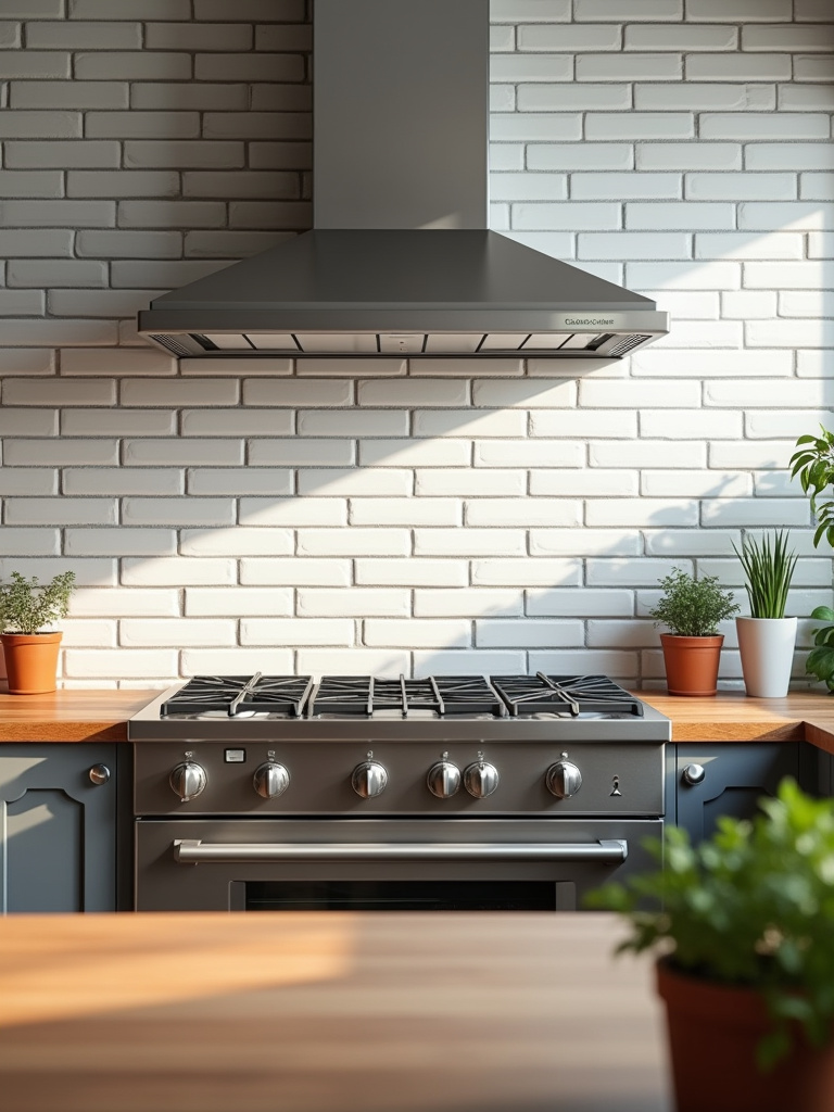 Bright and airy kitchen featuring a classic white subway tile backsplash with dark grout, wooden countertops, and stainless steel appliances