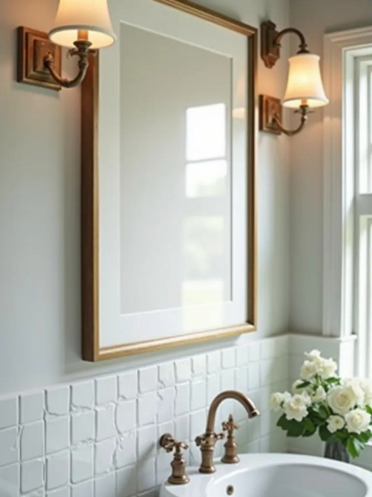 A close up image of timeless, framed art with classic design elements of sconces and tile surrounding it.