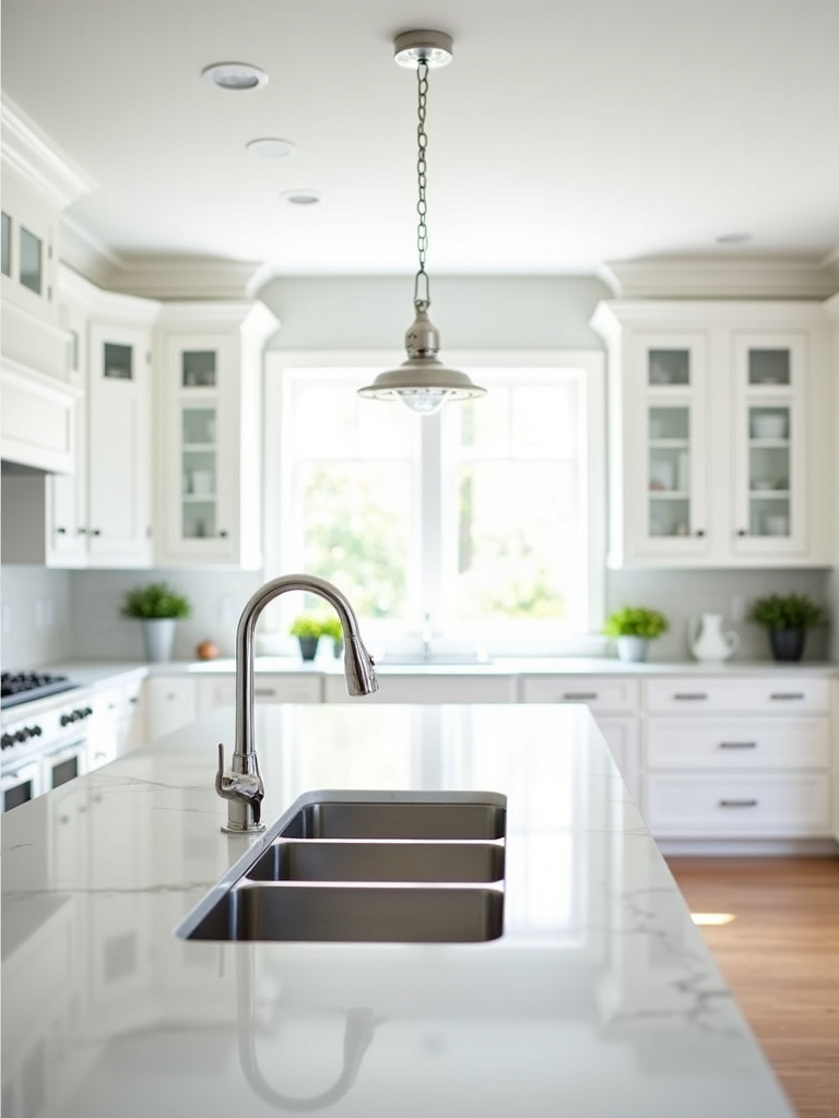 Bright modern kitchen featuring white shaker cabinets paired with timeless white quartz countertops and stainless steel accents.