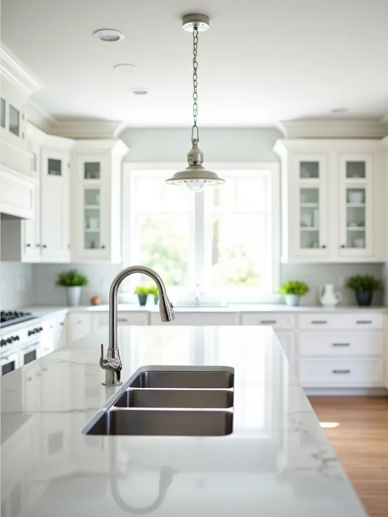 Bright modern kitchen featuring white shaker cabinets paired with timeless white quartz countertops and stainless steel accents.