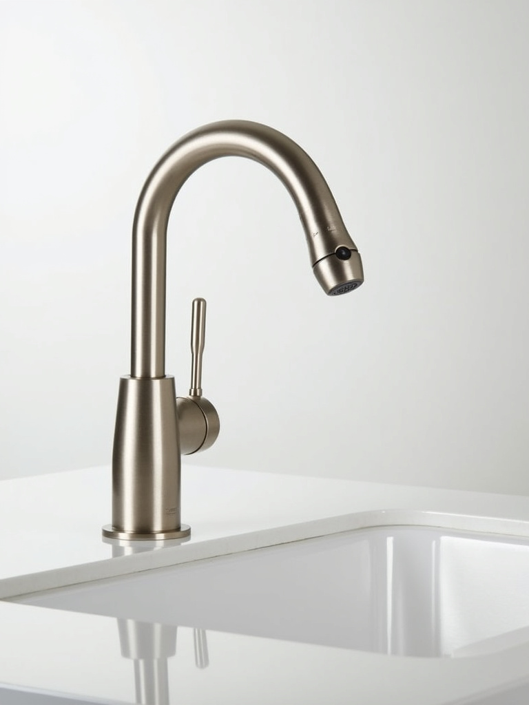 A brushed nickel touchless sensor faucet mounted on a white countertop with a rectangular undermount sink, illuminated by bright studio lighting.