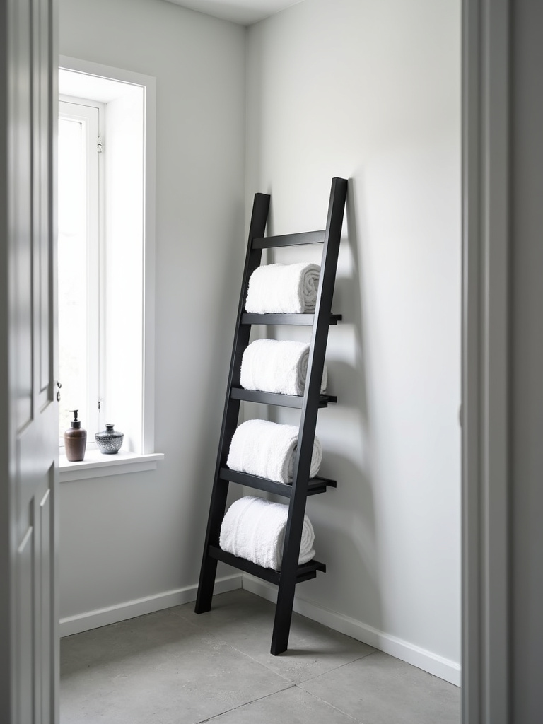“A minimalist small bathroom with a chic black metal towel ladder providing vertical towel storage and adding style.”