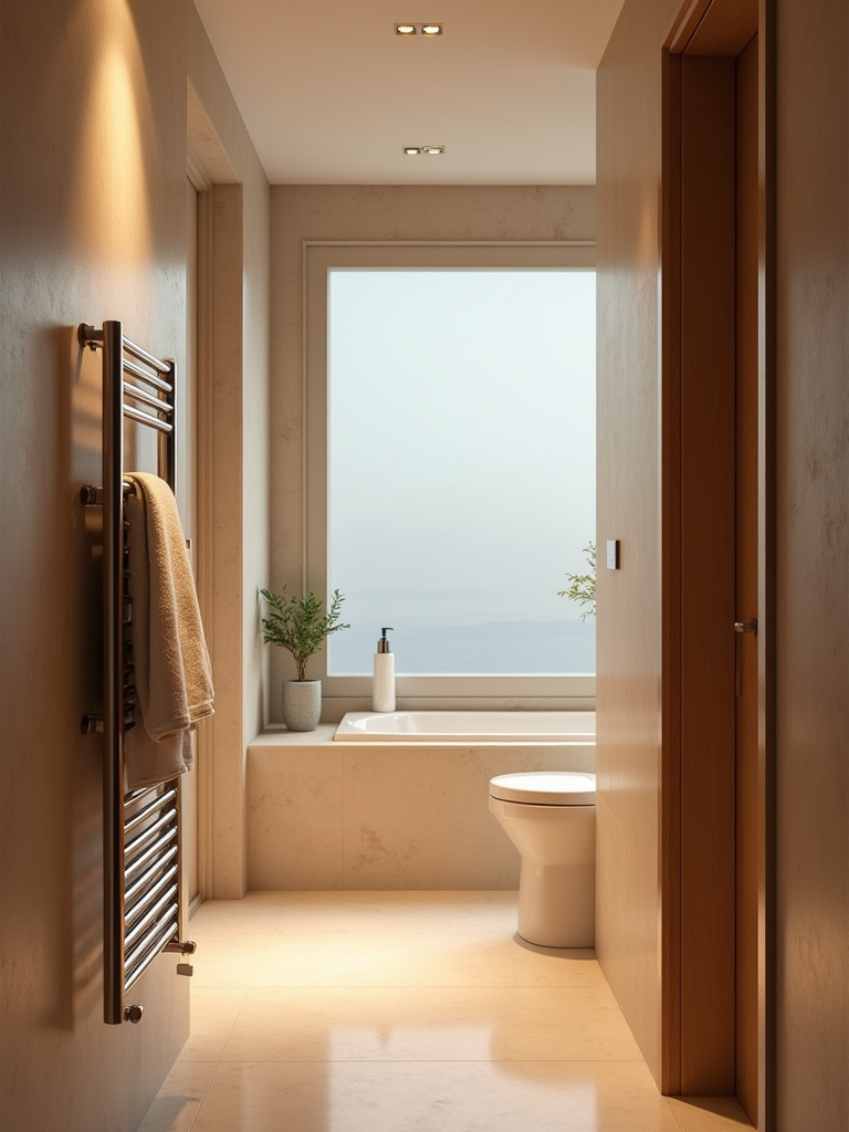 A heated towel rack with warm fluffy towels in a modern bathroom.