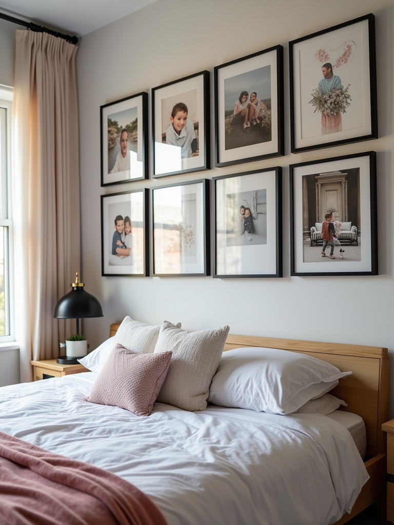 Teenage bedroom wall transformed with a personalized photo gallery wall featuring framed photos, art prints, and posters in a stylish arrangement.