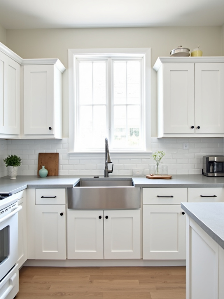 Transitional kitchen with white cabinets, laminate countertops, and subway tile backsplash