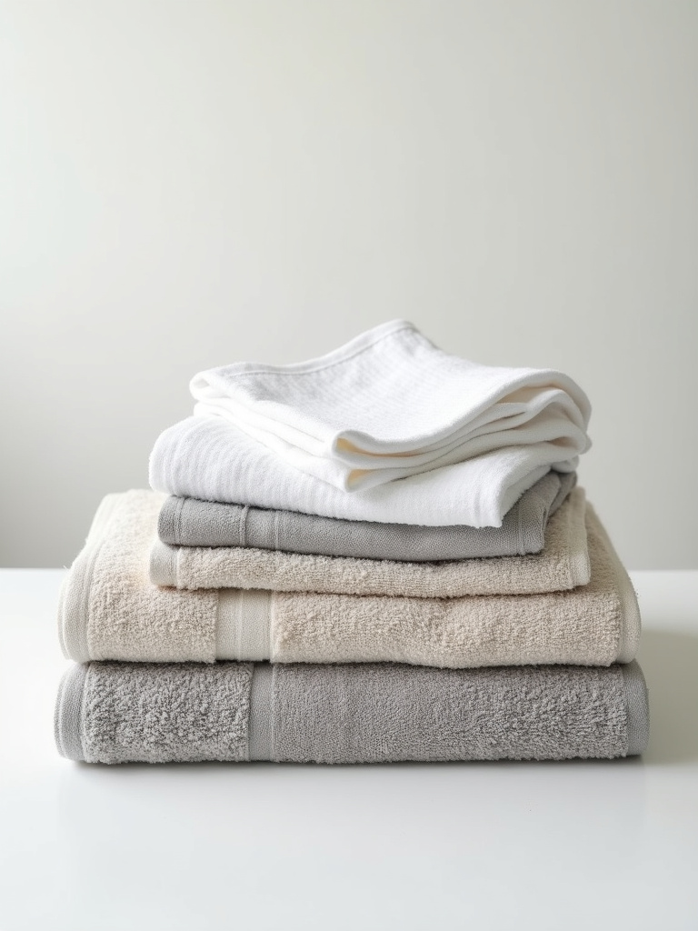 A neatly stacked set of folded Turkish linen bath towels in neutral colors, highlighting the soft linen texture under diffused studio lighting.