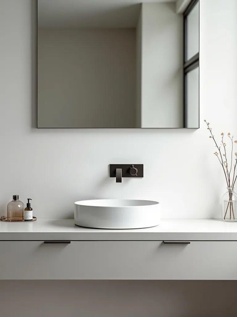 A minimalist bathroom with an uncluttered vanity countertop.