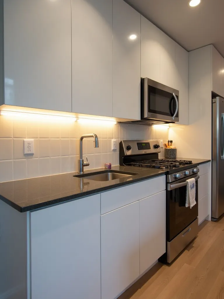 Contemporary kitchen featuring white flat-panel cabinets and under cabinet LED lighting beautifully illuminating the dark grey quartz countertops.