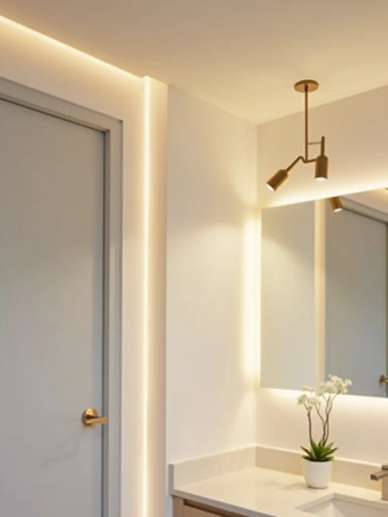 Minimalist bathroom with recessed and pendant lighting creating a calming atmosphere.