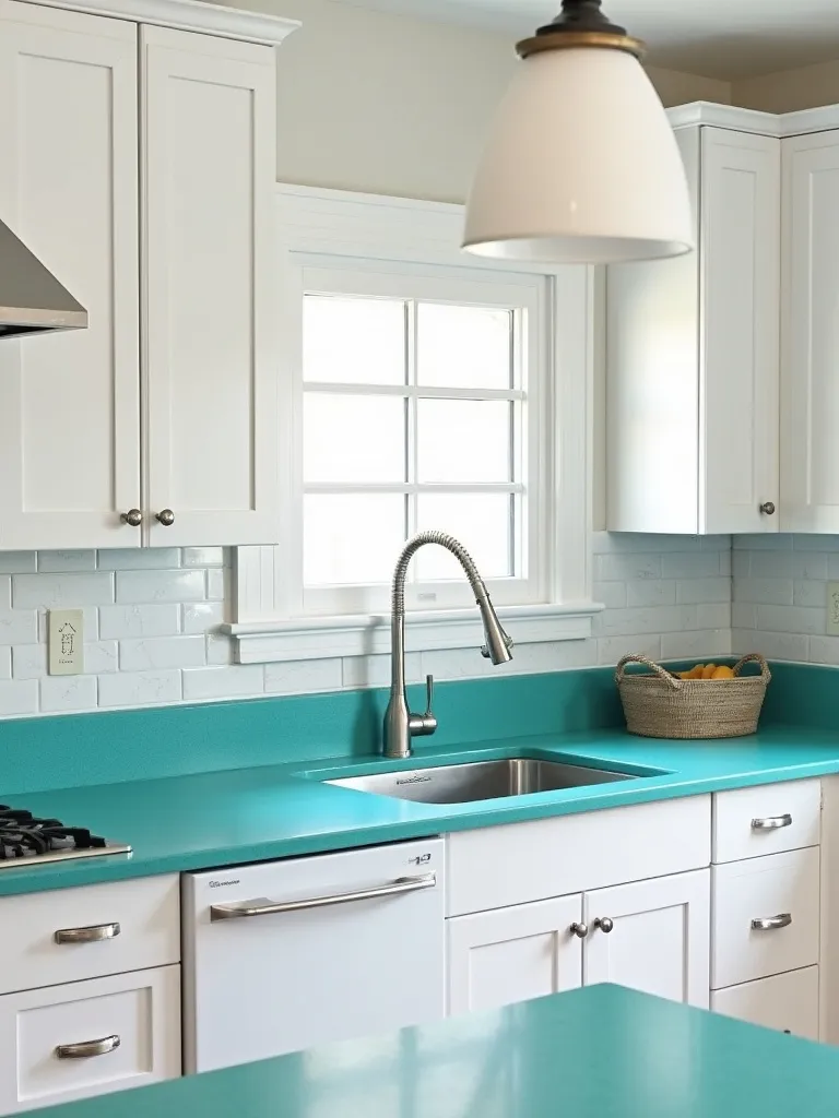 Eclectic modern kitchen featuring white flat-panel cabinets and unexpected, personality-injecting bright turquoise quartz countertops.
