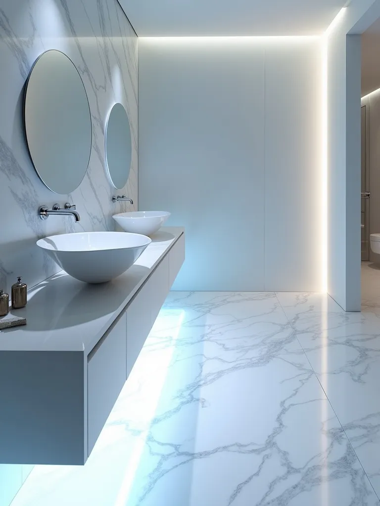 Modern artistic bathroom with white epoxy floor featuring blue and silver metallic swirls.