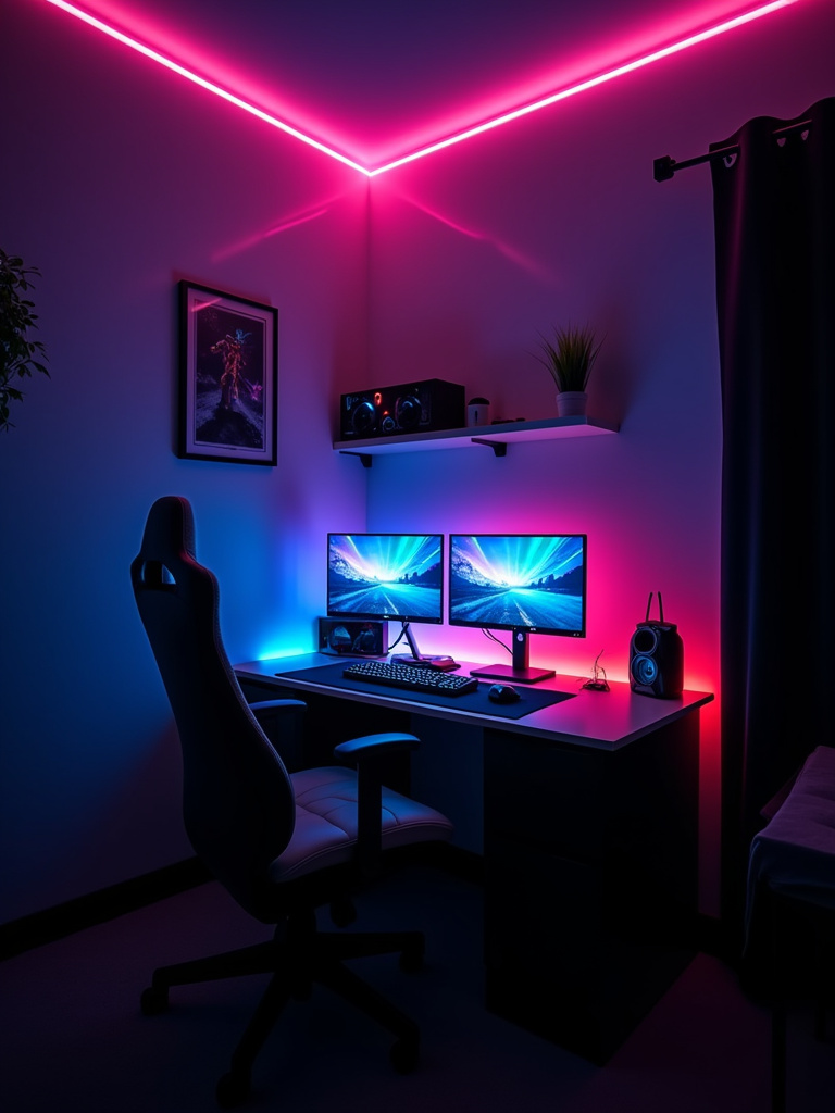 Gaming teenage bedroom at night, lit by RGB LED strip lights highlighting a gaming desk setup with monitors and accessories.