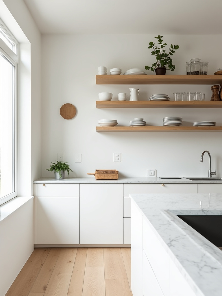 Minimalist kitchen with white walls and open wooden shelving displaying organized kitchenware.