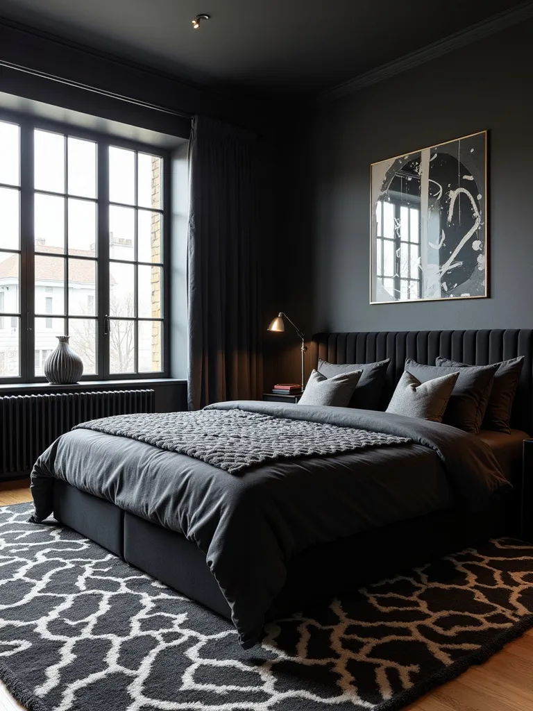 Edgy and stylish modern black bedroom decor featuring black geometric patterns on the rug, throw pillows, and wallpaper, illuminated by bright daylight.