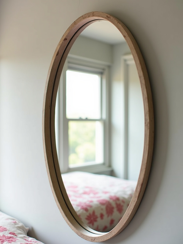 Teenage bedroom featuring a large decorative mirror reflecting natural light and the room, enhancing brightness and creating an illusion of spaciousness.