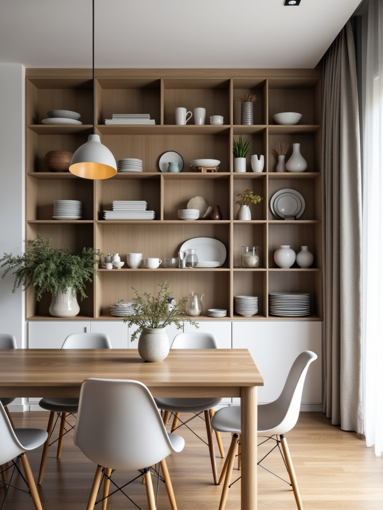 Small Scandinavian dining room with tall vertical shelving for storage and display.