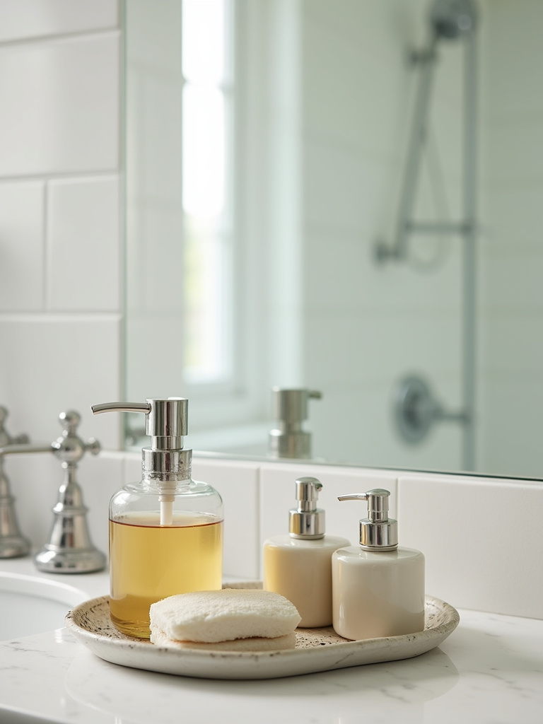 A well-lit view of various vintage-inspired bathroom accessories such as a decorative glass soap dispenser on a classic styled bathroom counter space.