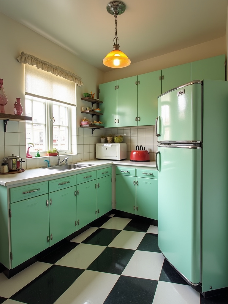 Vintage kitchen with pastel green cabinets, checkered floor, and retro appliances