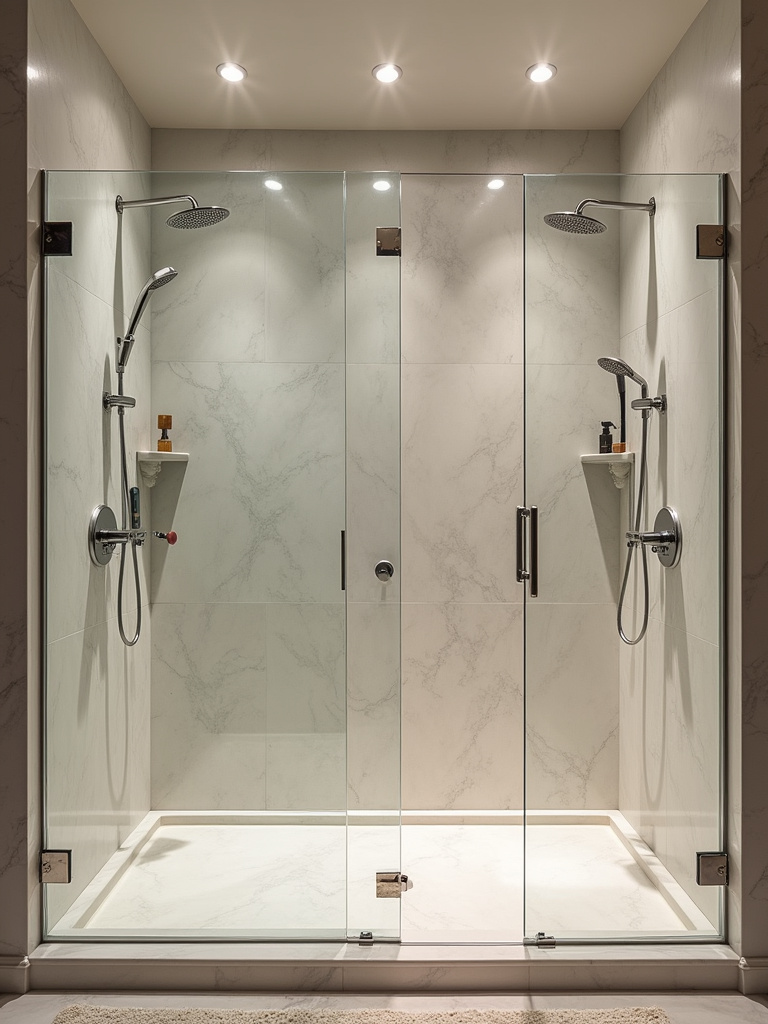 A spacious walk-in shower with multiple showerheads and a frameless glass door