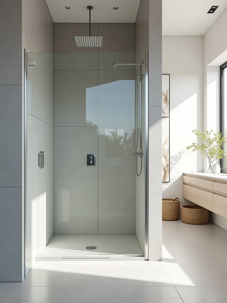 A minimalist bathroom with a spacious walk-in shower and frameless glass.