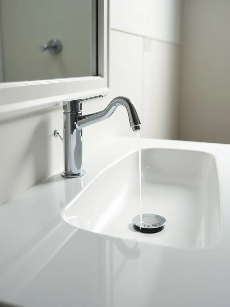 A focused, medium wide image of a wall-mounted chrome faucet with a simple gooseneck design above a white ceramic sink, illuminated by diffused soft light.