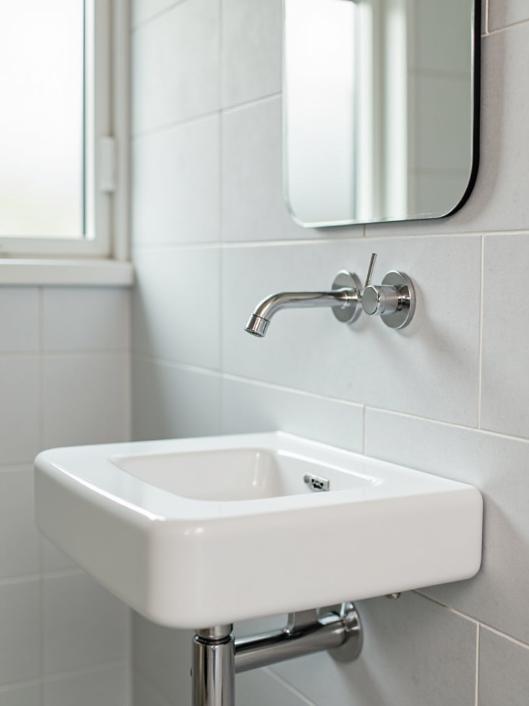 “A modern small bathroom showcasing a space-saving wall-mounted faucet with a white vessel sink.”