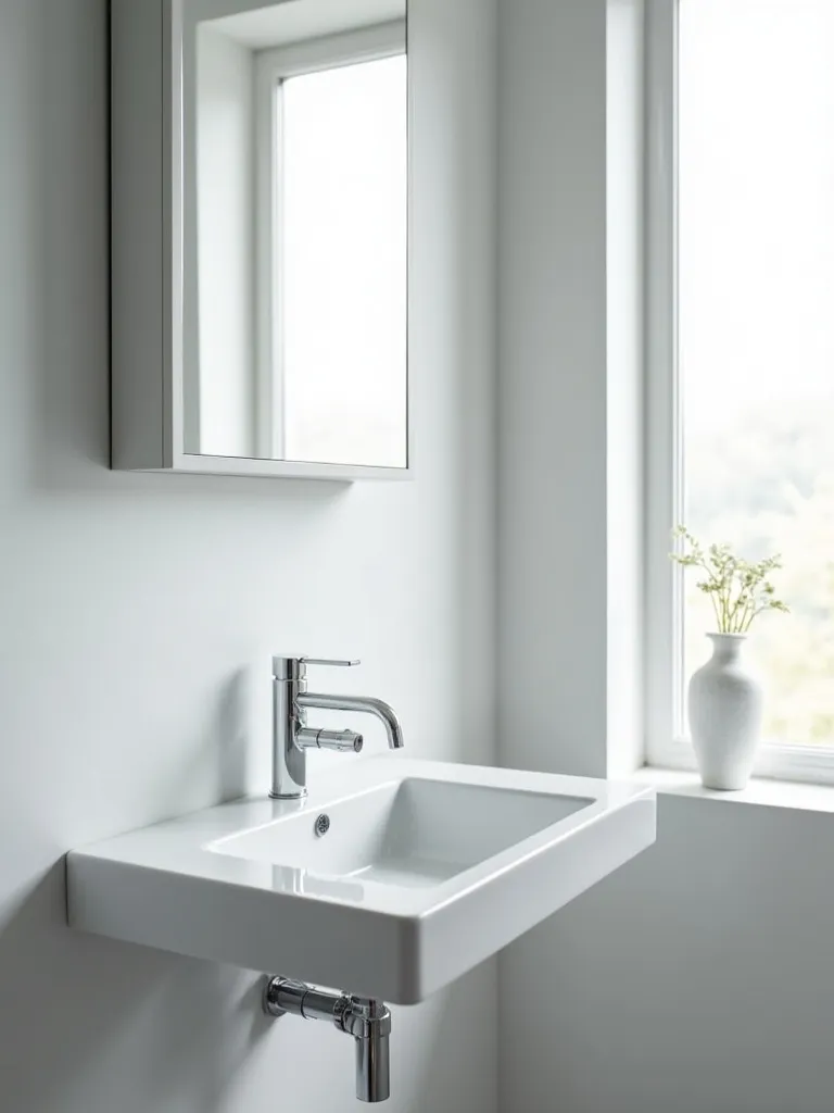 Modern bathroom with a chrome wall-mounted faucet and white sink.