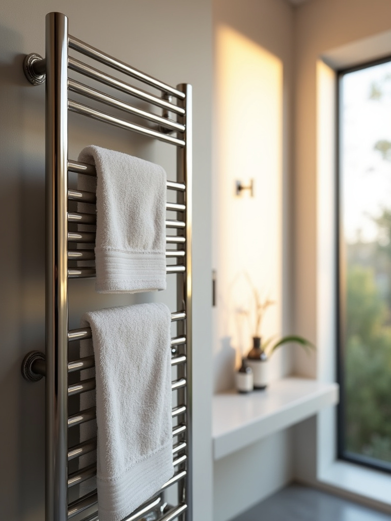 A modern bathroom wall featuring a brushed nickel wall-mounted heated towel warmer with fluffy white towels, illuminated by warm soft natural light.
