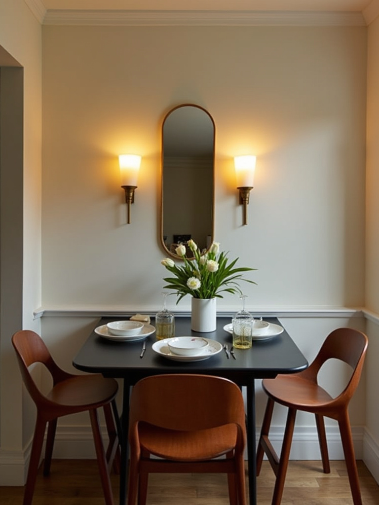 Mid-century modern small dining room with wall-mounted sconces providing warm lighting.
