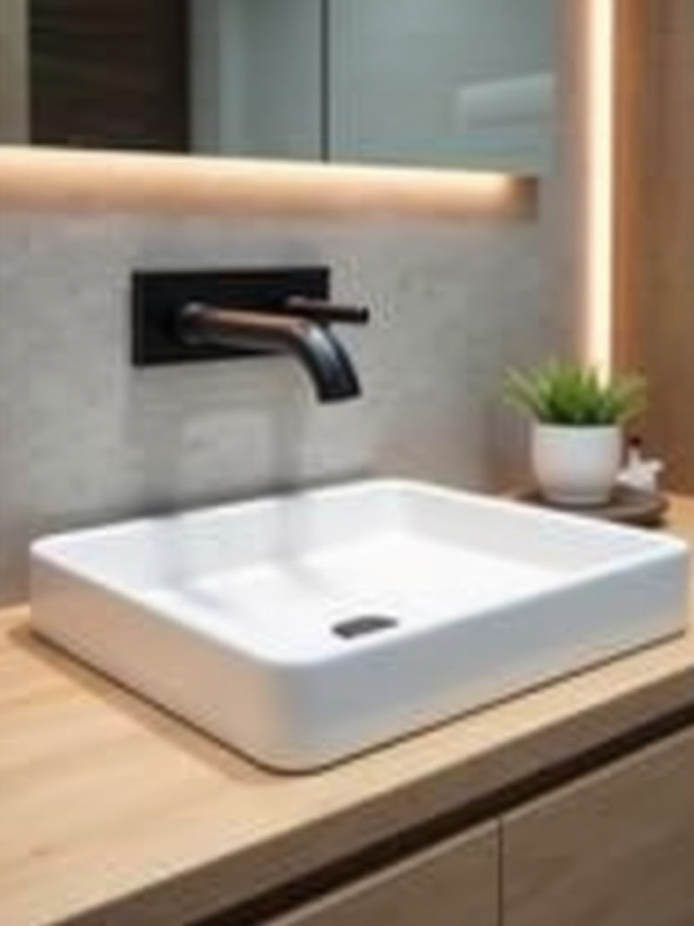A modern bathroom sink area featuring a wall-mounted matte black faucet above a white undermount sink in a light wood vanity, illuminated by soft diffused lighting.