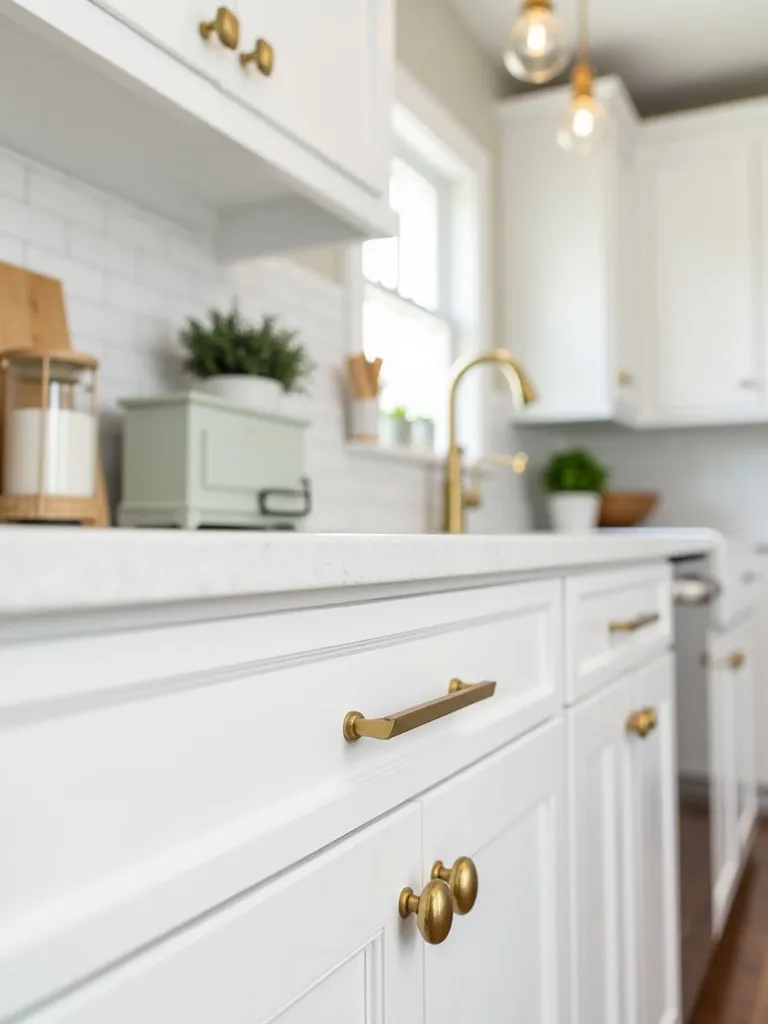 Transitional kitchen featuring white shaker cabinets and warm brass hardware adding a golden touch to the white quartz countertops.
