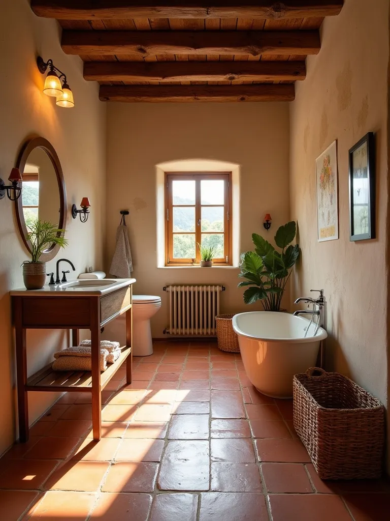 Warm rustic bathroom with terracotta tile floor, wooden vanity, and natural light.