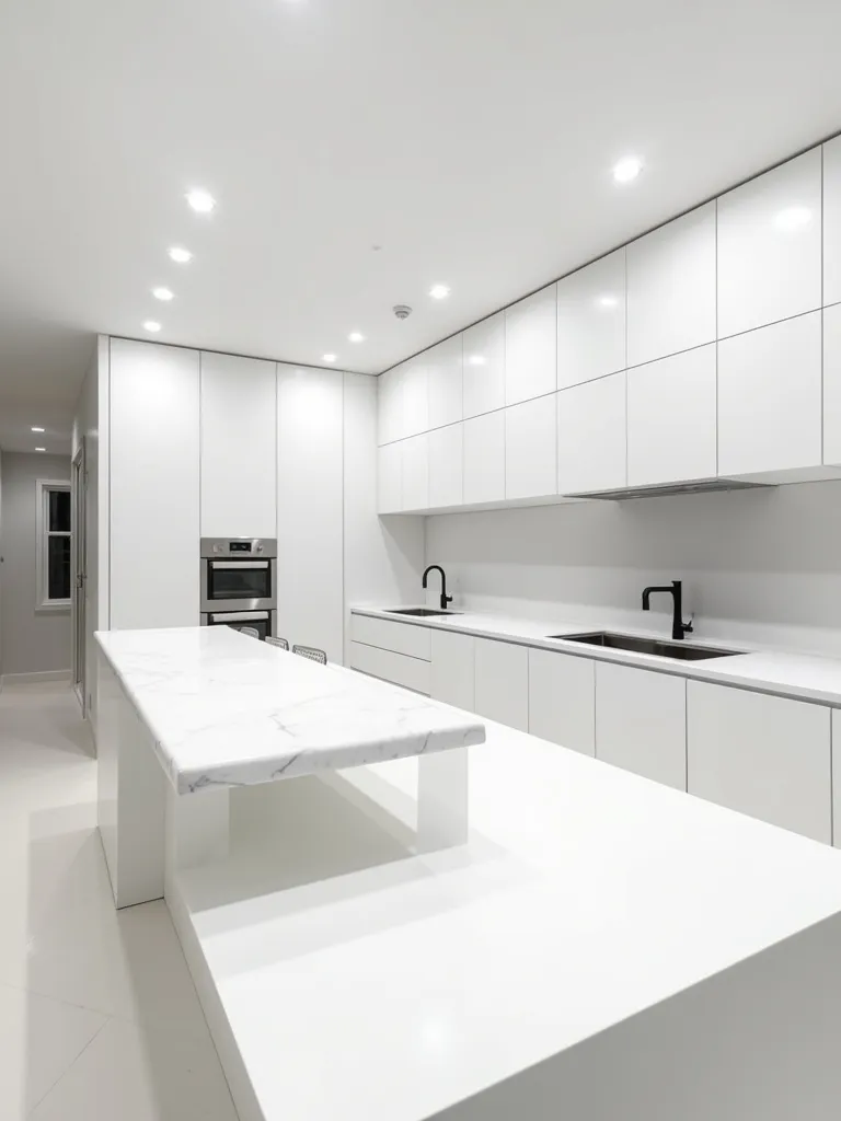 Modern minimalist kitchen featuring white flat-panel cabinets and a striking white quartz waterfall countertop on the kitchen island.