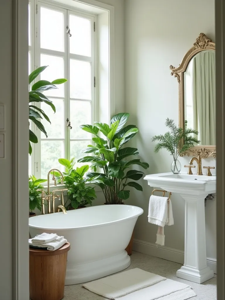 A classic bathroom interior, featuring strategically placed potted plants that add life to the well lit space.