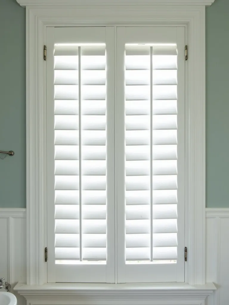 A classic styled bathroom with white interior window shutters on a window with natural light from an exterior source, and includes the surrounding architecture.