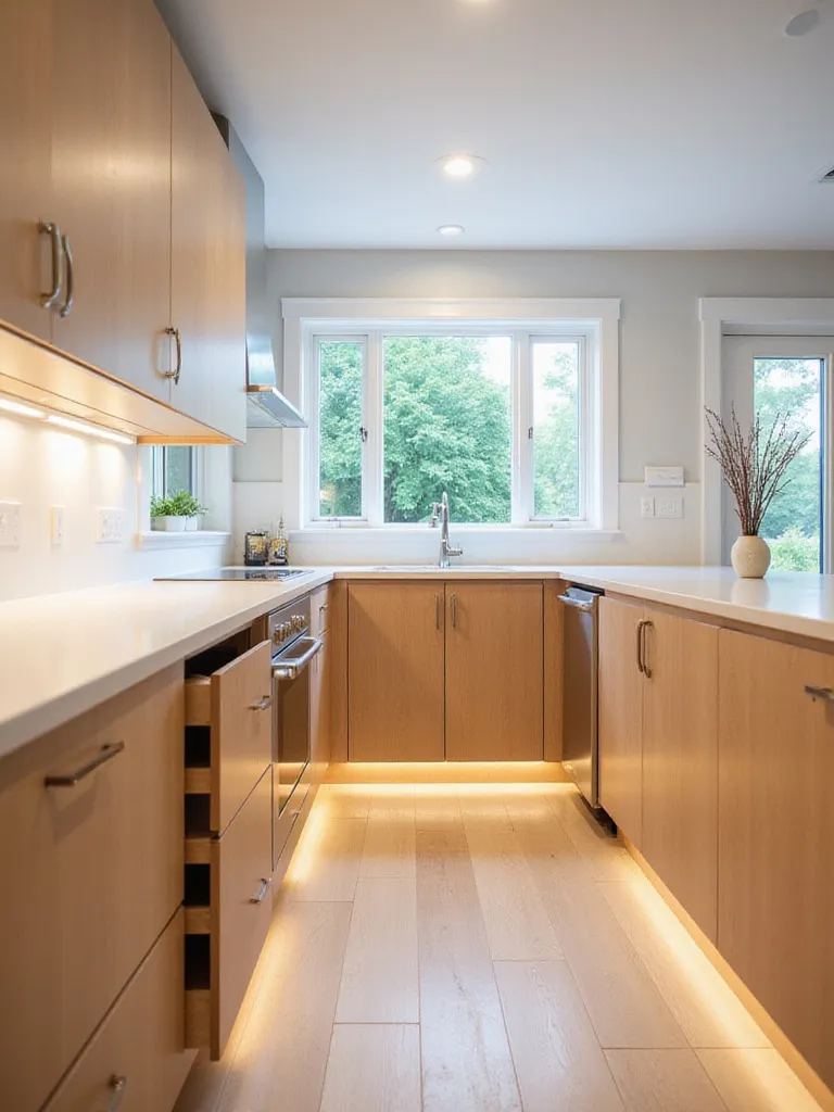 Accessible kitchen design with pull-out shelves, D-shaped pulls, and toe-kick lighting.