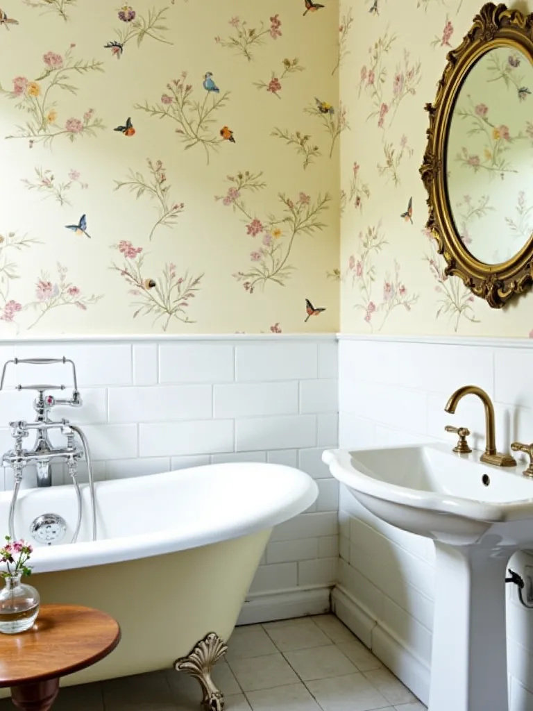 Vintage bathroom with bird and butterfly wallpaper and clawfoot tub
