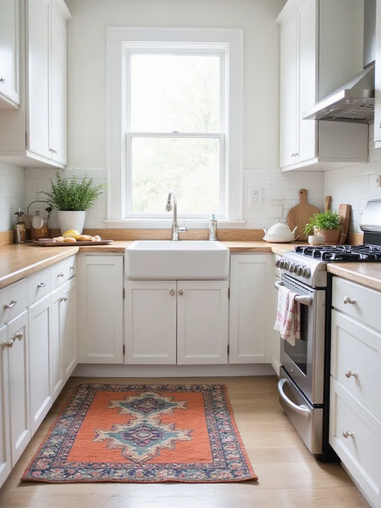 Kitchen with white cabinets and colorful rug in front of the sink.