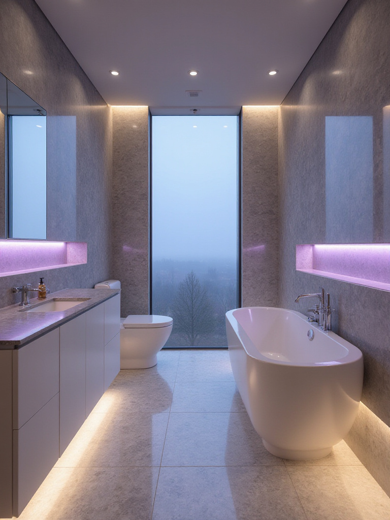 Luxury bathroom with adjustable mood lighting creating a relaxing ambiance.