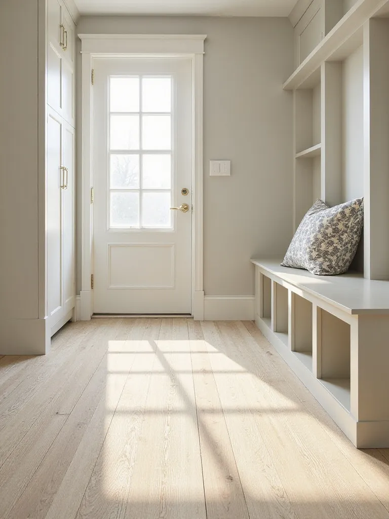 Mudroom with light wood-look laminate flooring, built-in storage, and a bench.