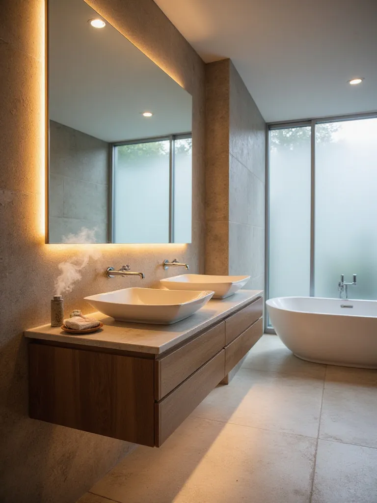Luxury modern bathroom featuring a built-in aromatherapy diffuser on the vanity, emitting a relaxing mist.