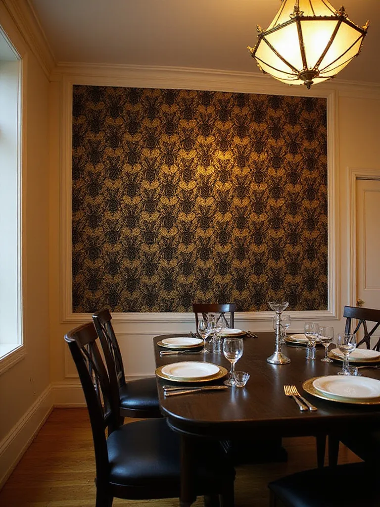 Dining room with Art Deco gold and black geometric wallpaper accent wall