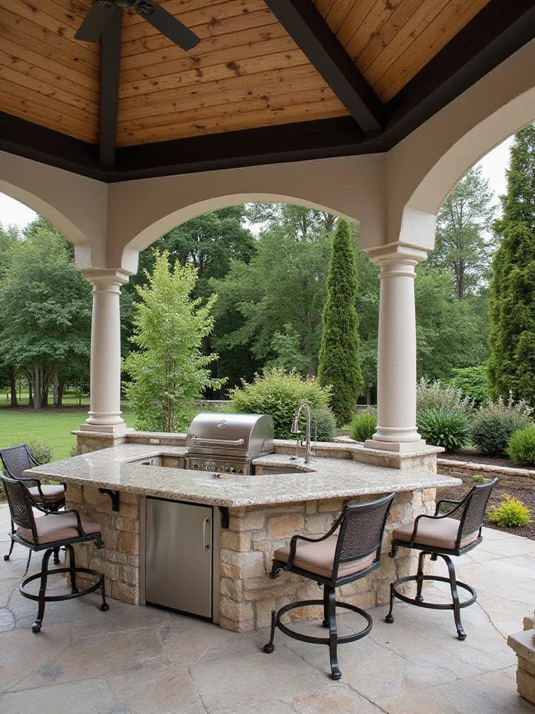 Luxurious outdoor kitchen with built-in stone bar area and stainless steel appliances