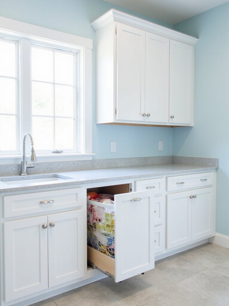 Laundry room with concealed laundry baskets in pull-out cabinet hamper.